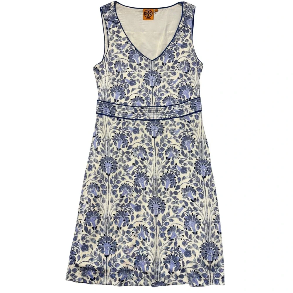 Tory Burch Blue White Floral Silk Sleeveless V-Neck Empire Waist Dress Size M